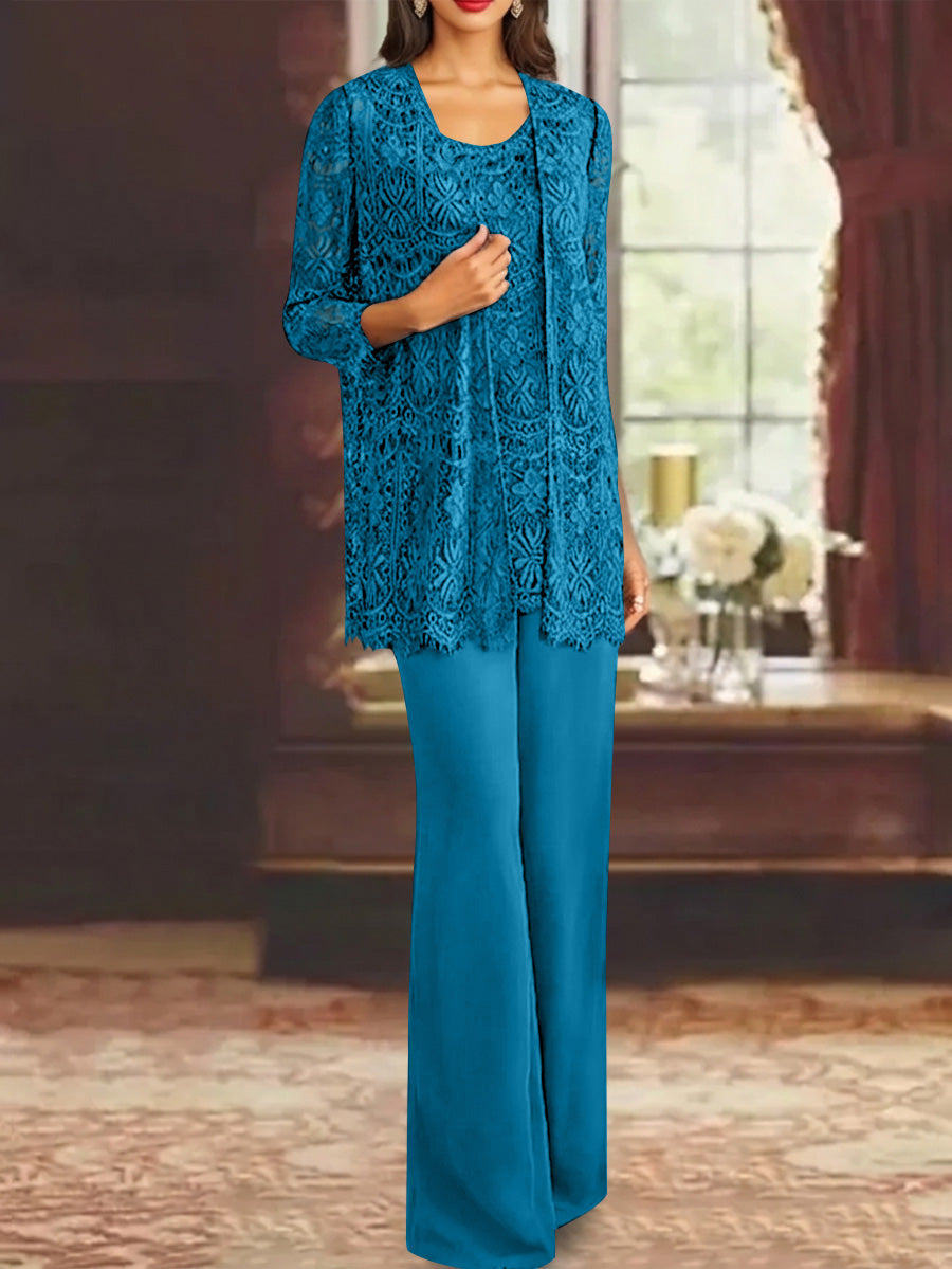 Chiffon Lace Scoop Ankle Length Mother Of The Bride Pantsuits With Jacket