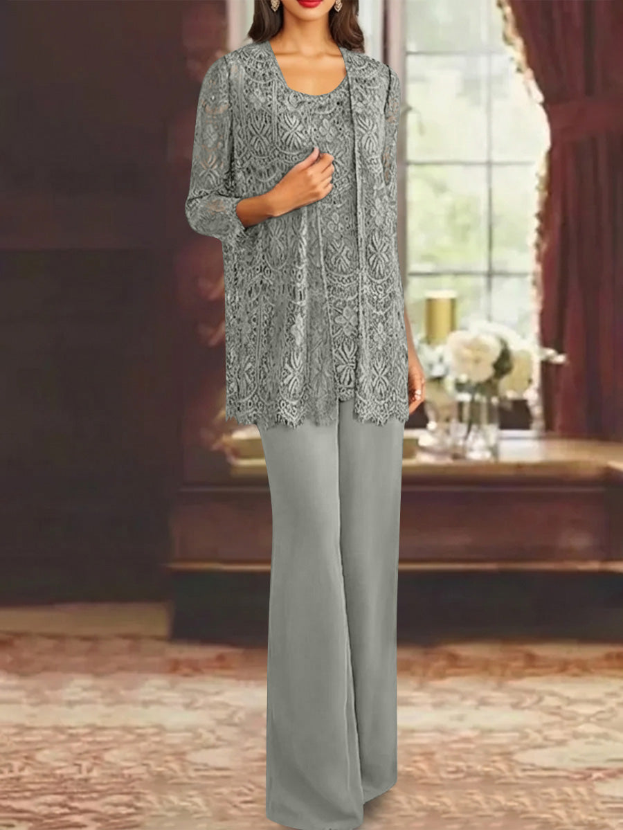 Chiffon Lace Scoop Ankle Length Mother Of The Bride Pantsuits With Jacket