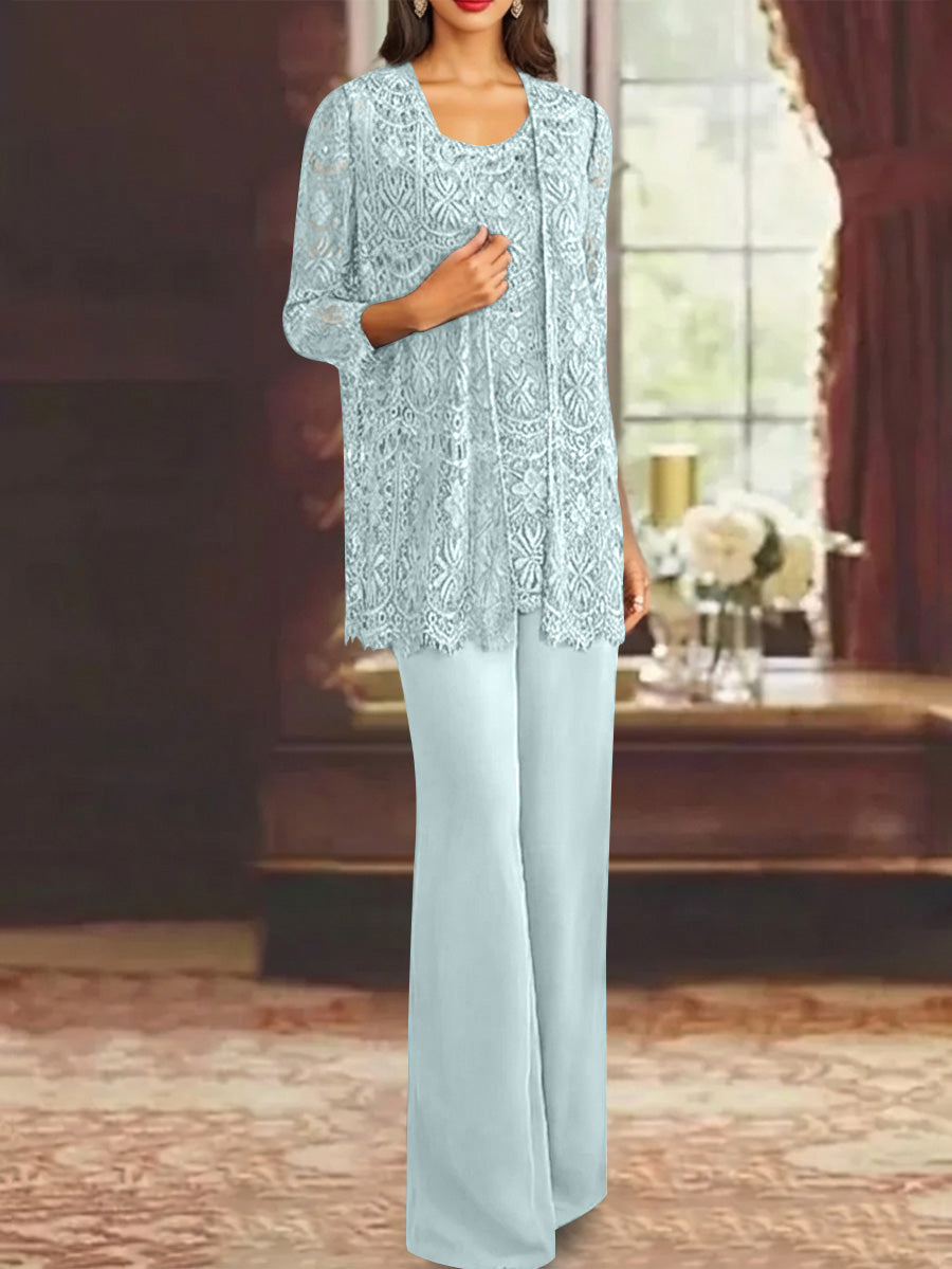 Chiffon Lace Scoop Ankle Length Mother Of The Bride Pantsuits With Jacket