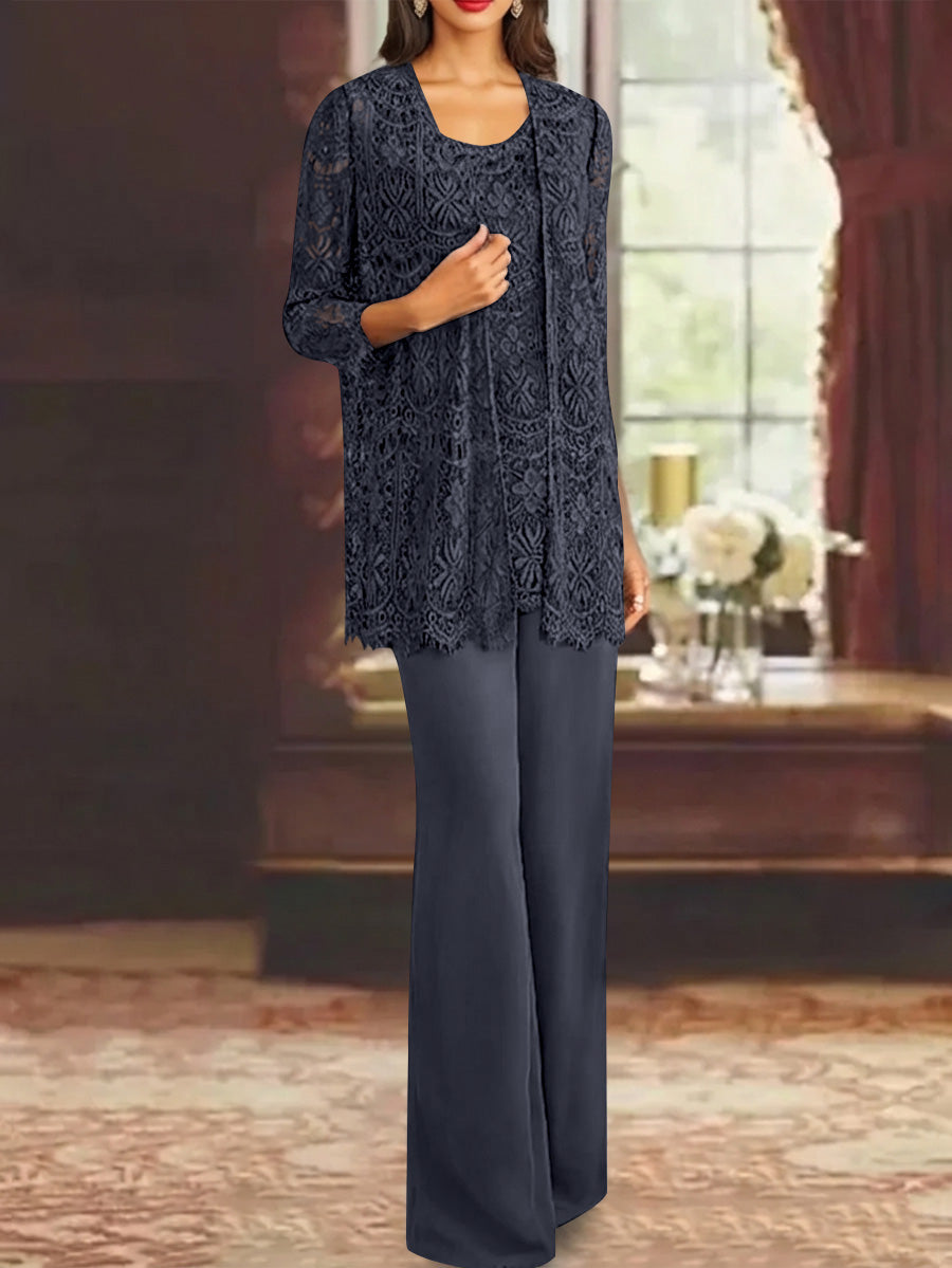 Chiffon Lace Scoop Ankle Length Mother Of The Bride Pantsuits With Jacket