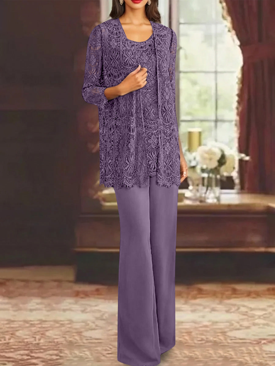 Chiffon Lace Scoop Ankle Length Mother Of The Bride Pantsuits With Jacket