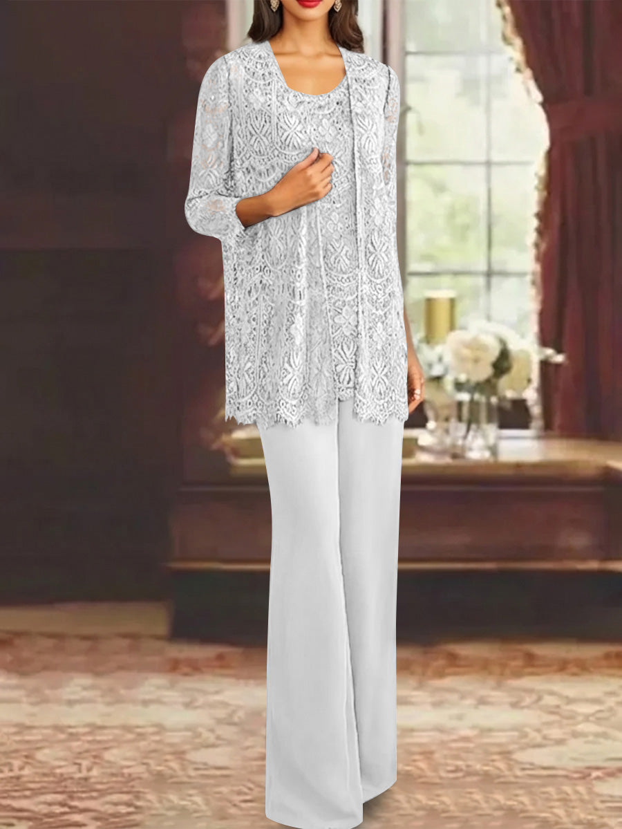 Chiffon Lace Scoop Ankle Length Mother Of The Bride Pantsuits With Jacket