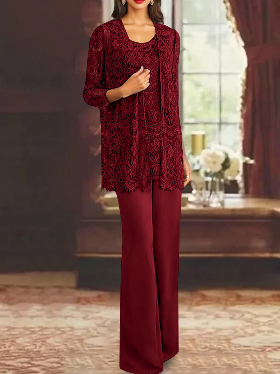 Chiffon Lace Scoop Ankle Length Mother Of The Bride Pantsuits With Jacket