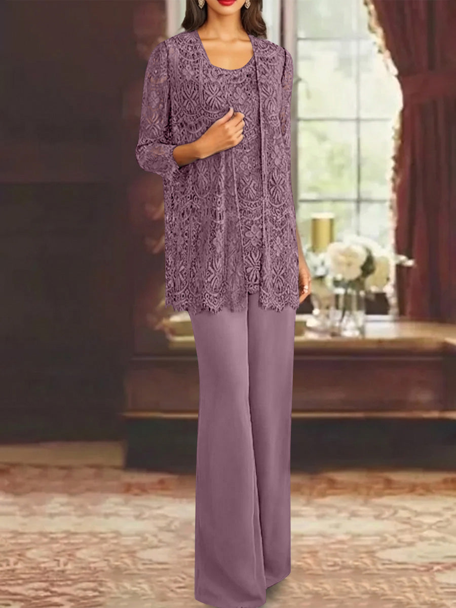 Chiffon Lace Scoop Ankle Length Mother Of The Bride Pantsuits With Jacket