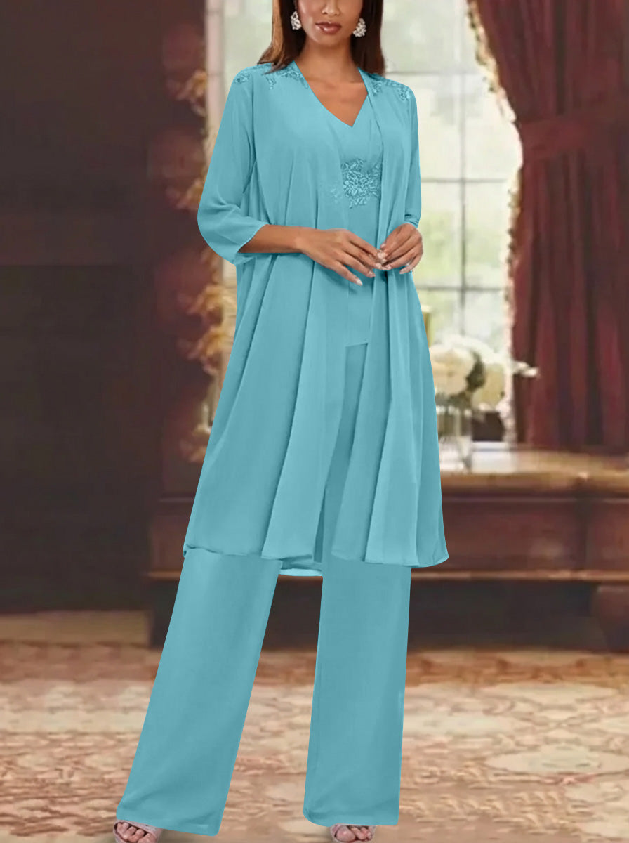 Chiffon V Neck 3 4 Sleeves Appliques Mother Of The Bride Pantsuits With Jacket Ankle Length