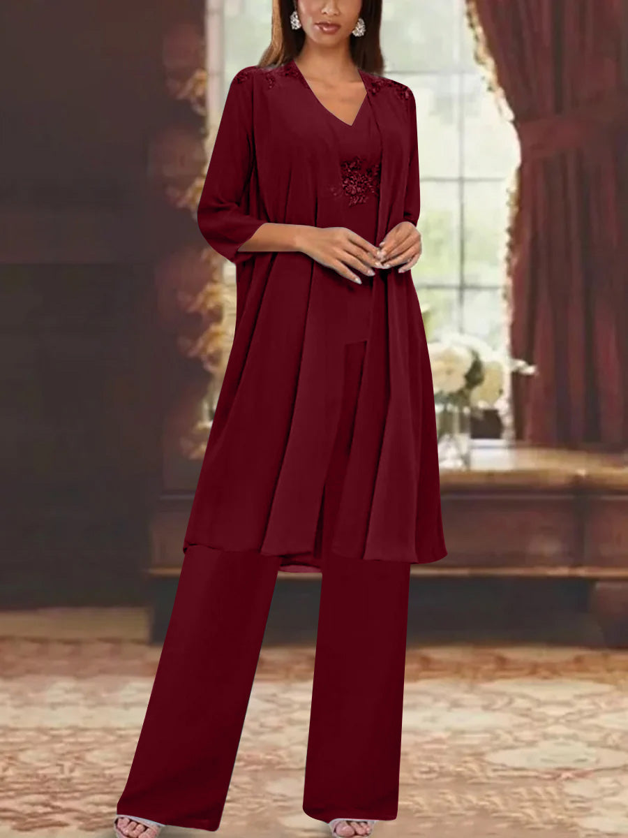 Chiffon V Neck 3 4 Sleeves Appliques Mother Of The Bride Pantsuits With Jacket Ankle Length