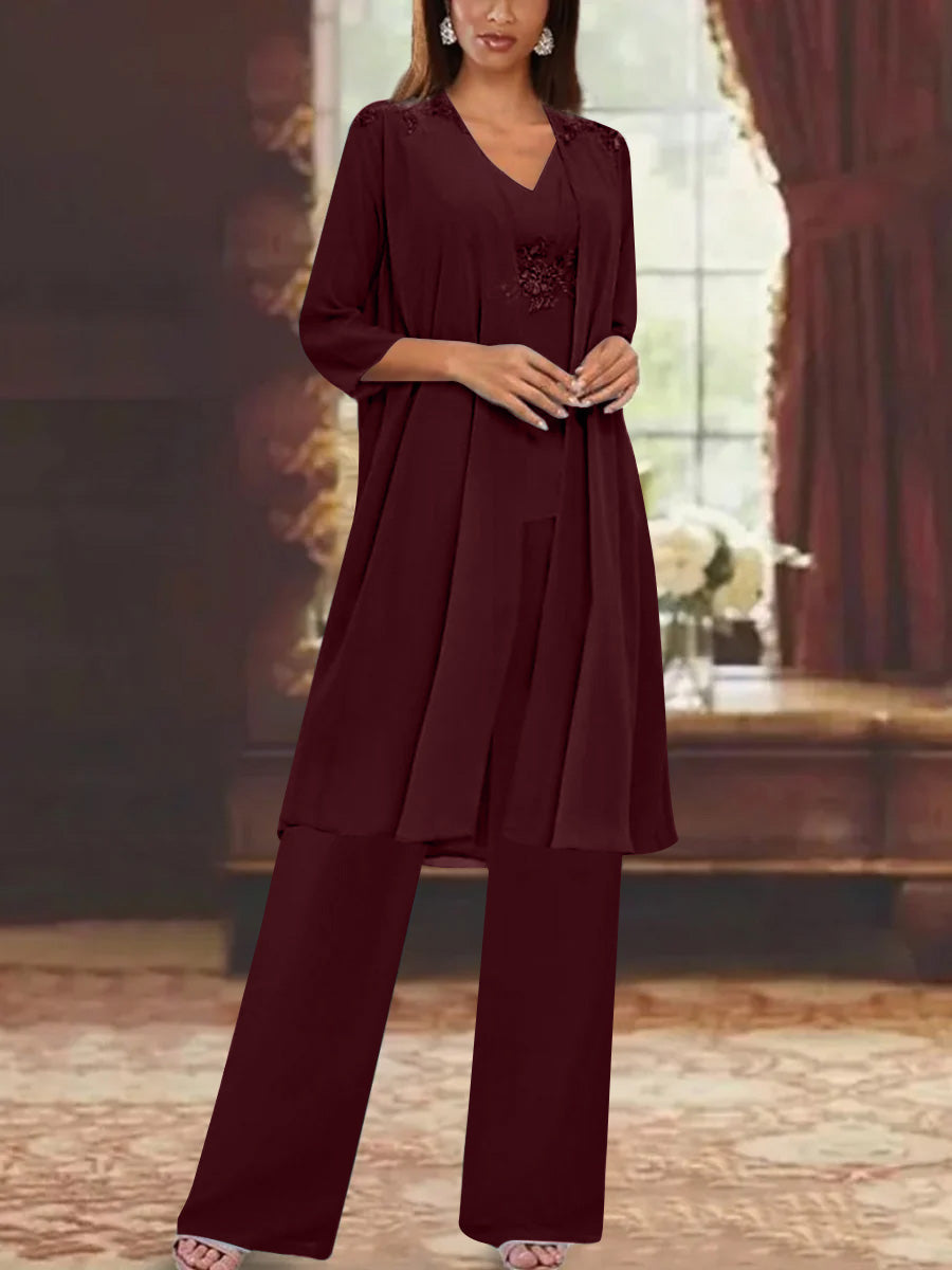 Chiffon V Neck 3 4 Sleeves Appliques Mother Of The Bride Pantsuits With Jacket Ankle Length