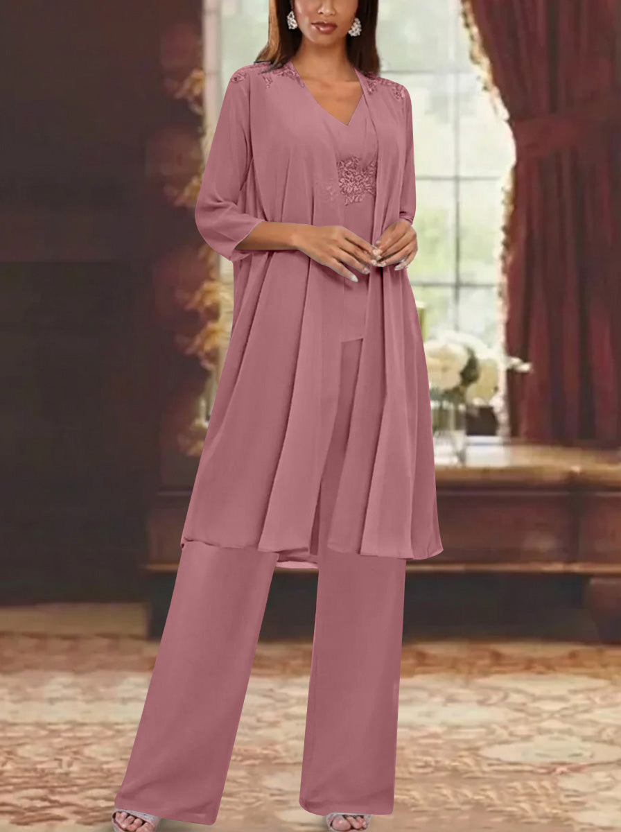 Chiffon V Neck 3 4 Sleeves Appliques Mother Of The Bride Pantsuits With Jacket Ankle Length