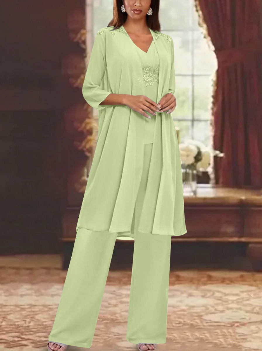 Chiffon V Neck 3 4 Sleeves Appliques Mother Of The Bride Pantsuits With Jacket Ankle Length