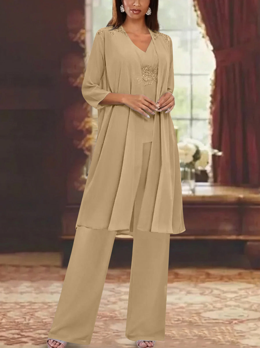 Chiffon V Neck 3 4 Sleeves Appliques Mother Of The Bride Pantsuits With Jacket Ankle Length