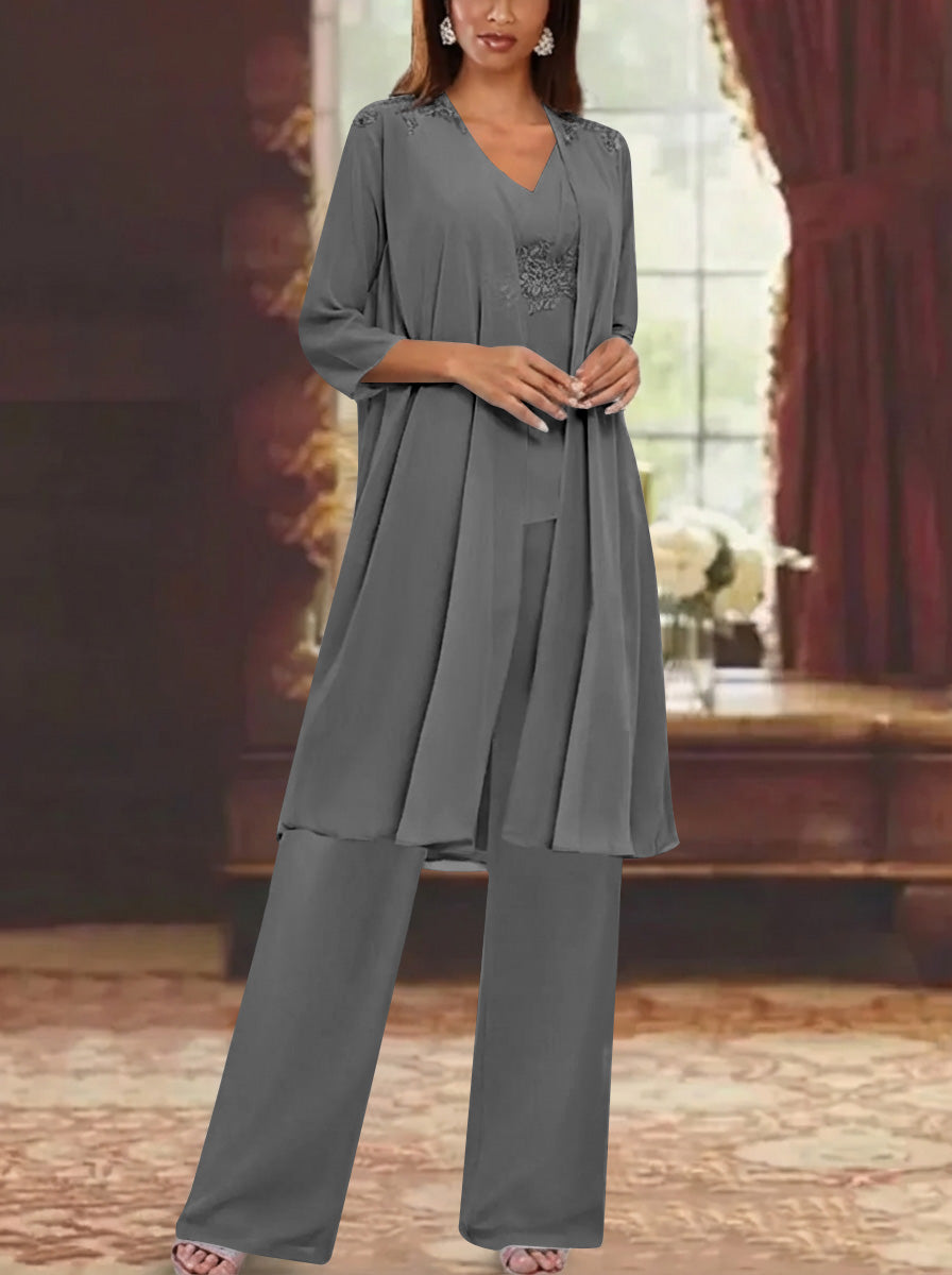 Chiffon V Neck 3 4 Sleeves Appliques Mother Of The Bride Pantsuits With Jacket Ankle Length