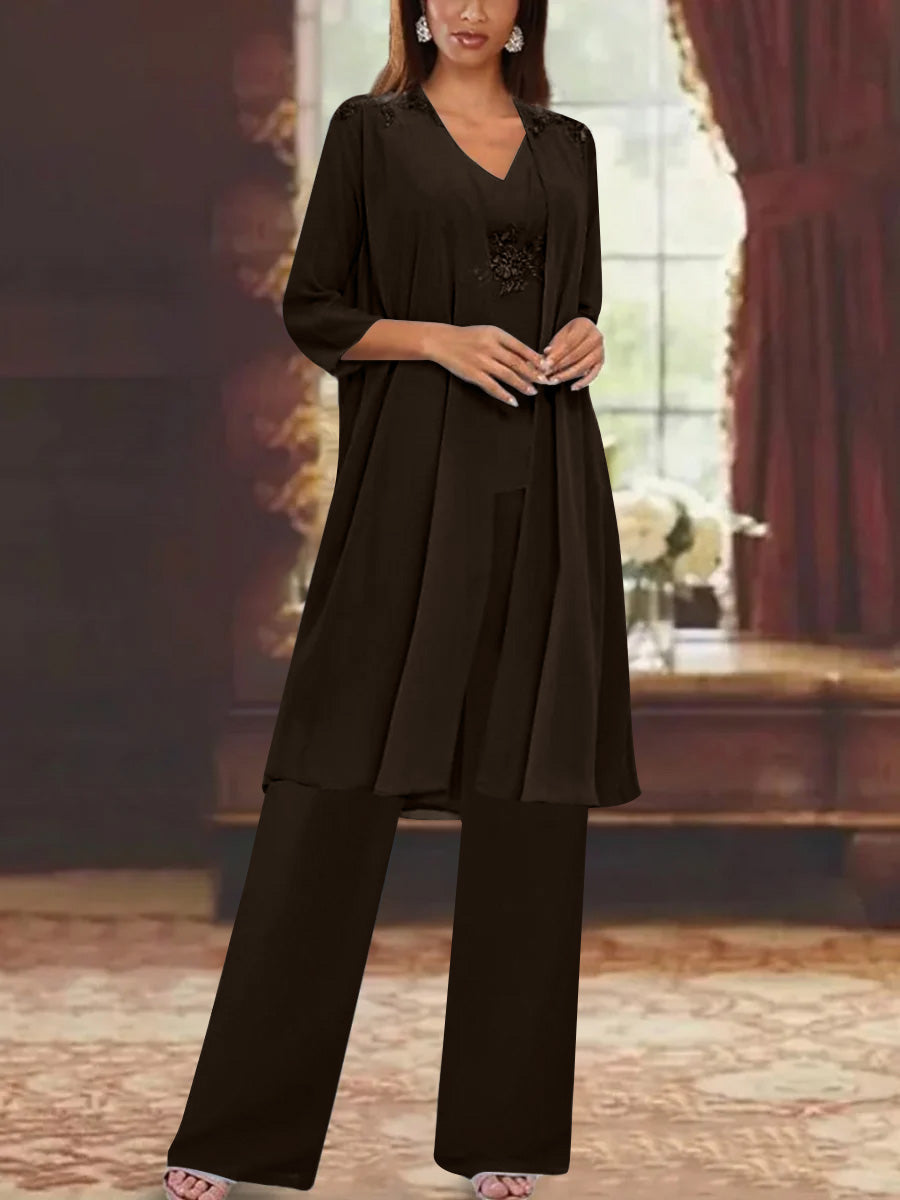 Chiffon V Neck 3 4 Sleeves Appliques Mother Of The Bride Pantsuits With Jacket Ankle Length