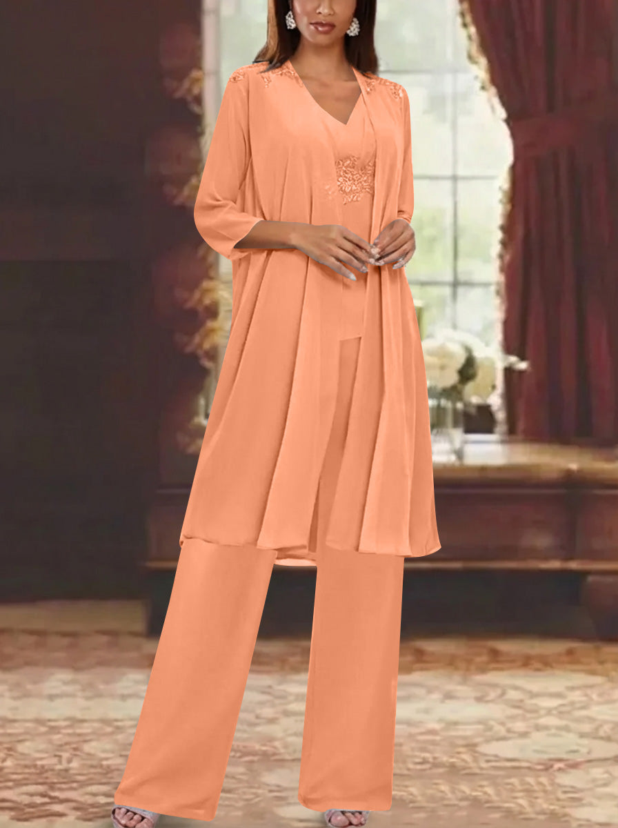 Chiffon V Neck 3 4 Sleeves Appliques Mother Of The Bride Pantsuits With Jacket Ankle Length