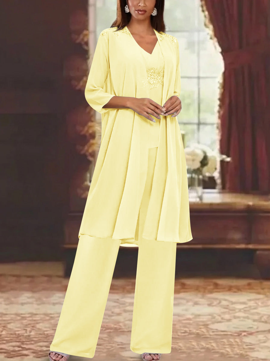Chiffon V Neck 3 4 Sleeves Appliques Mother Of The Bride Pantsuits With Jacket Ankle Length