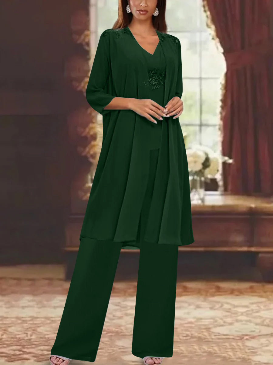Chiffon V Neck 3 4 Sleeves Appliques Mother Of The Bride Pantsuits With Jacket Ankle Length
