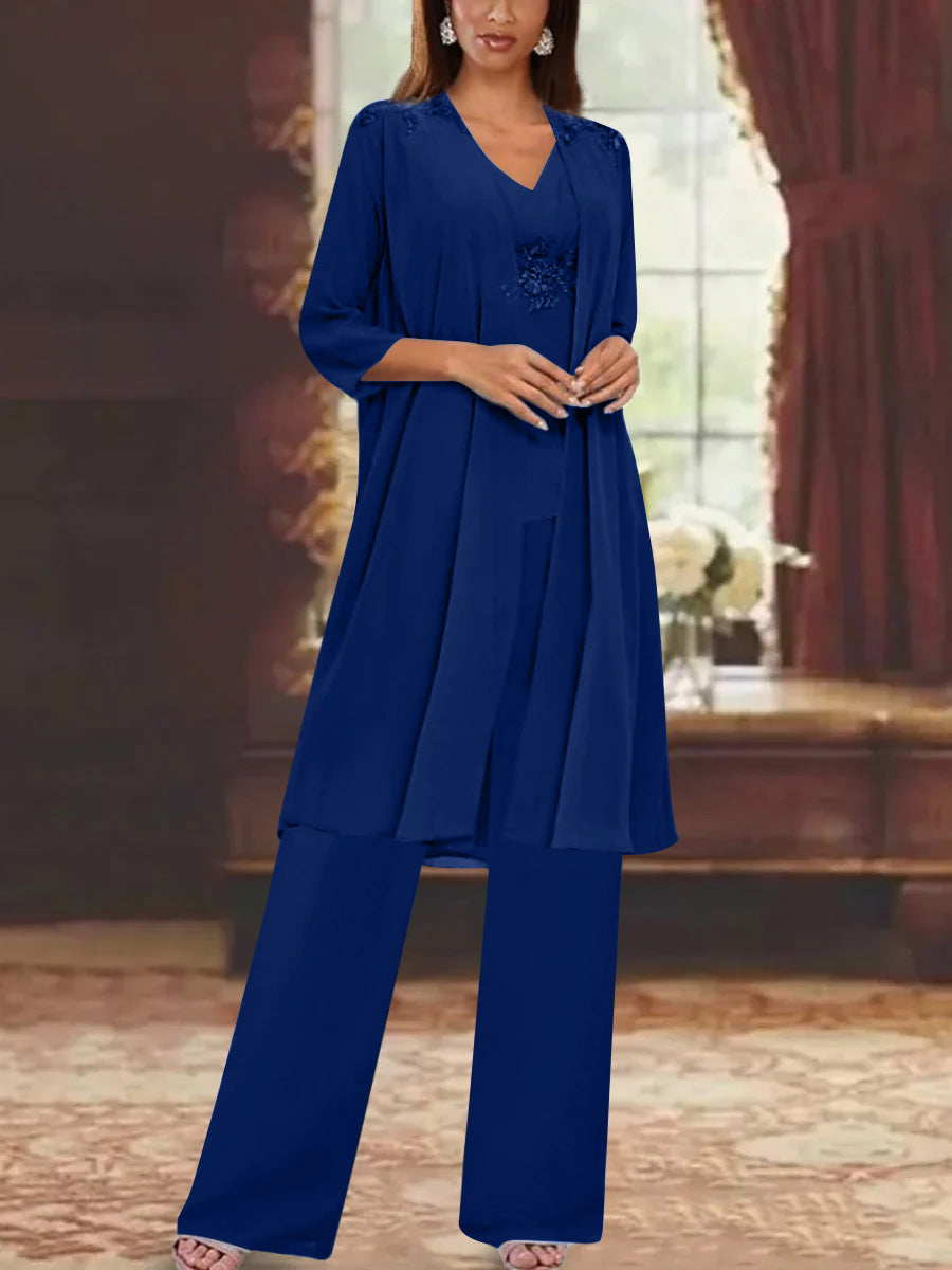 Chiffon V Neck 3 4 Sleeves Appliques Mother Of The Bride Pantsuits With Jacket Ankle Length