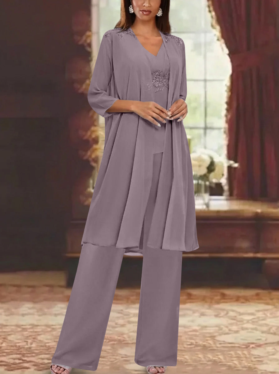 Chiffon V Neck 3 4 Sleeves Appliques Mother Of The Bride Pantsuits With Jacket Ankle Length