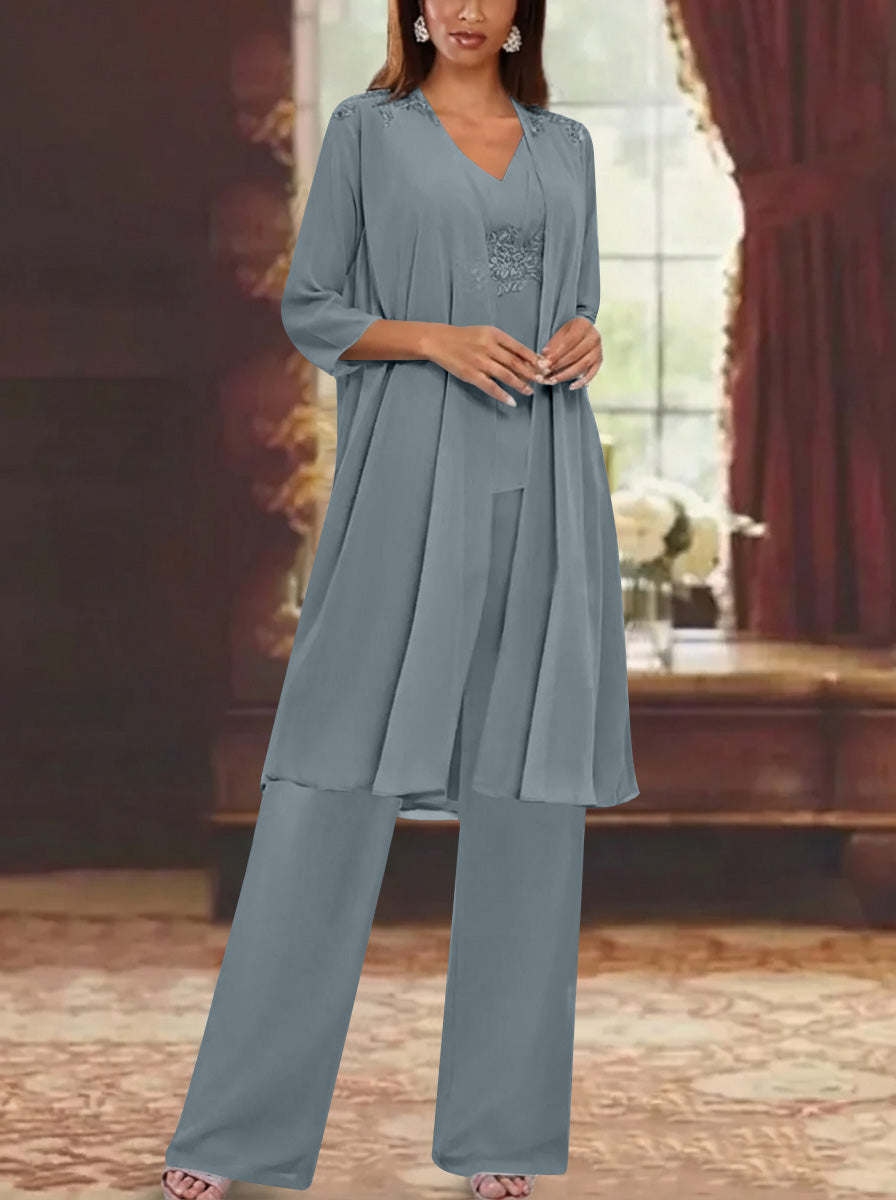 Chiffon V Neck 3 4 Sleeves Appliques Mother Of The Bride Pantsuits With Jacket Ankle Length