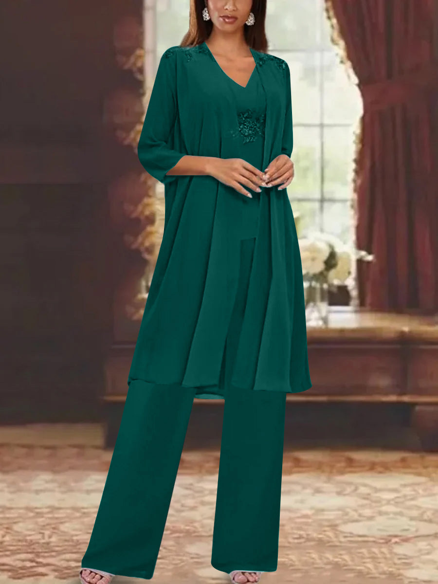 Chiffon V Neck 3 4 Sleeves Appliques Mother Of The Bride Pantsuits With Jacket Ankle Length