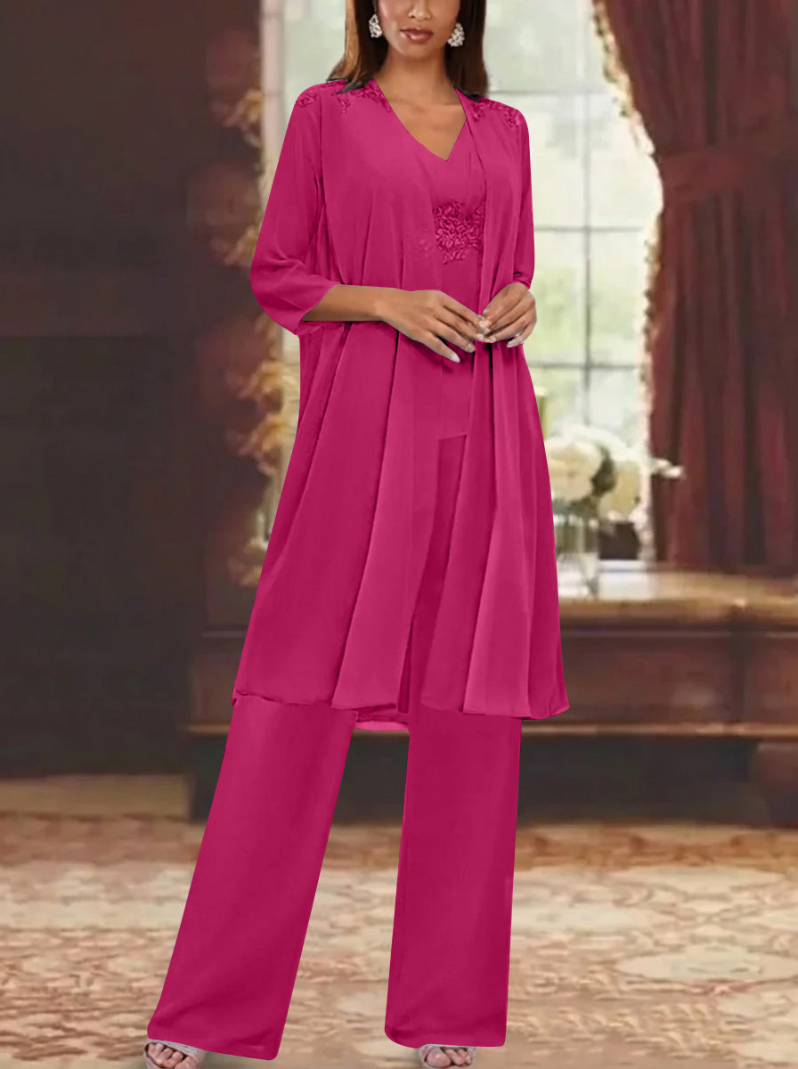 Chiffon V Neck 3 4 Sleeves Appliques Mother Of The Bride Pantsuits With Jacket Ankle Length