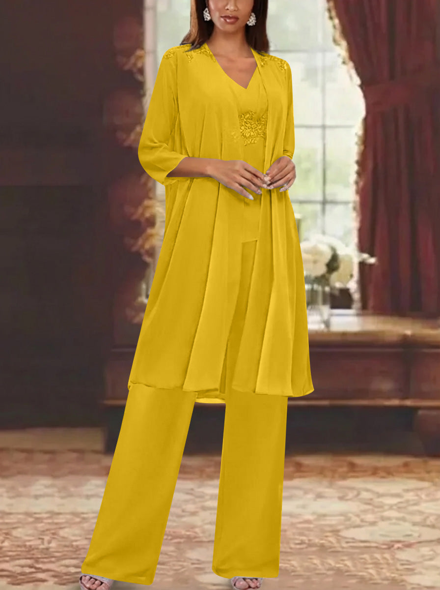 Chiffon V Neck 3 4 Sleeves Appliques Mother Of The Bride Pantsuits With Jacket Ankle Length