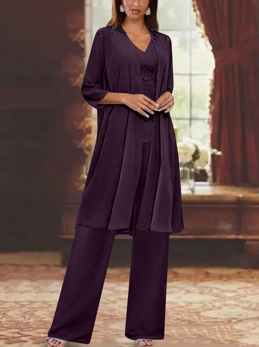 Chiffon V Neck 3 4 Sleeves Appliques Mother Of The Bride Pantsuits With Jacket Ankle Length