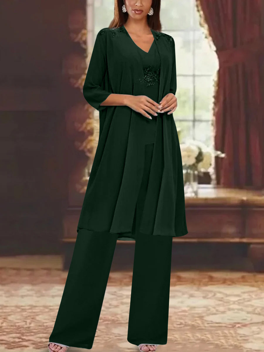 Chiffon V Neck 3 4 Sleeves Appliques Mother Of The Bride Pantsuits With Jacket Ankle Length