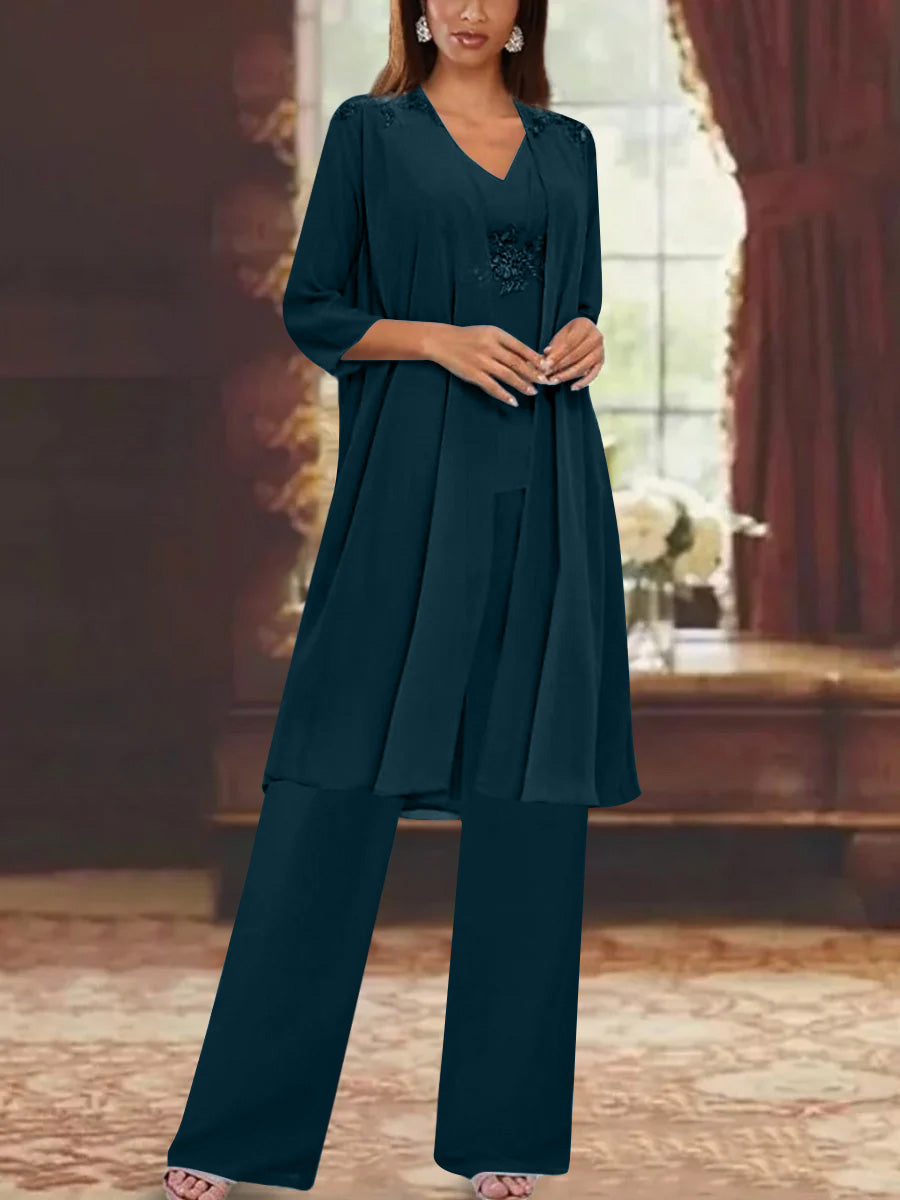 Chiffon V Neck 3 4 Sleeves Appliques Mother Of The Bride Pantsuits With Jacket Ankle Length