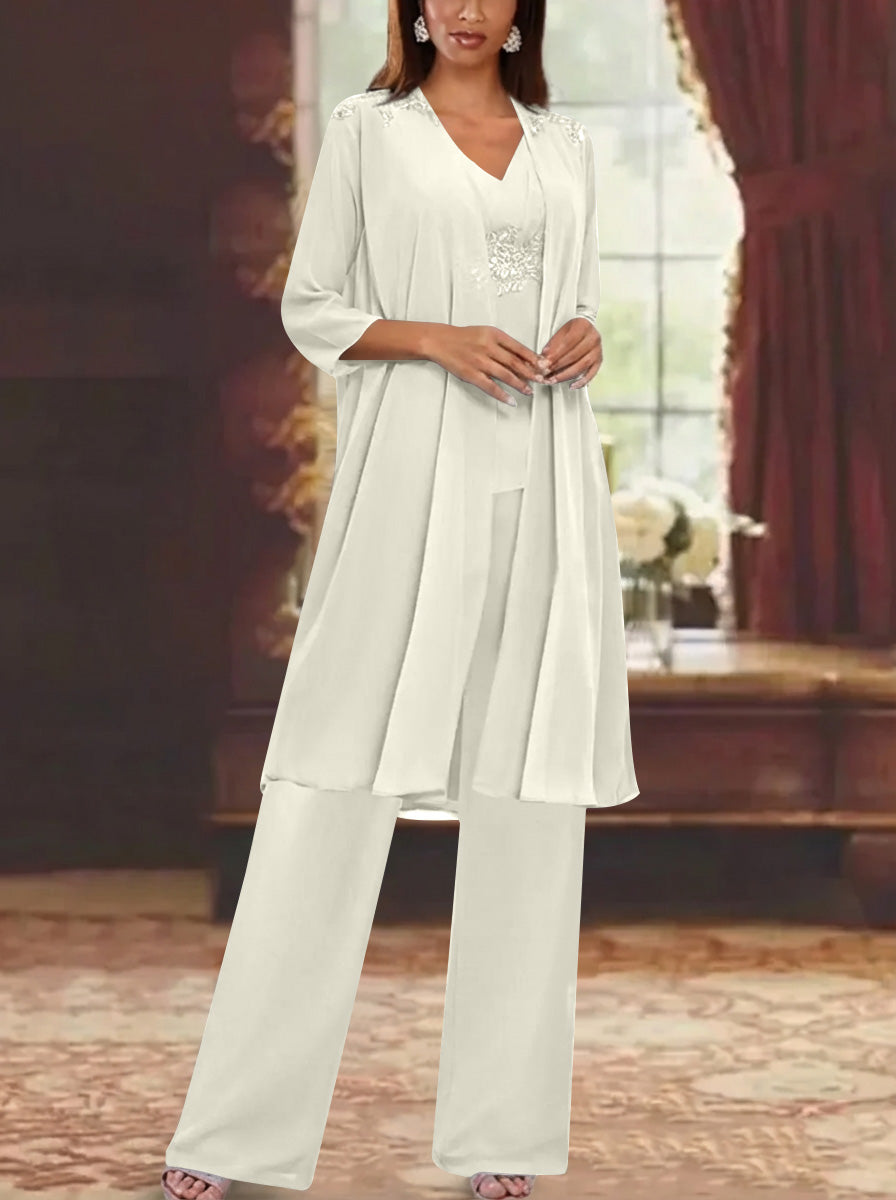 Chiffon V Neck 3 4 Sleeves Appliques Mother Of The Bride Pantsuits With Jacket Ankle Length