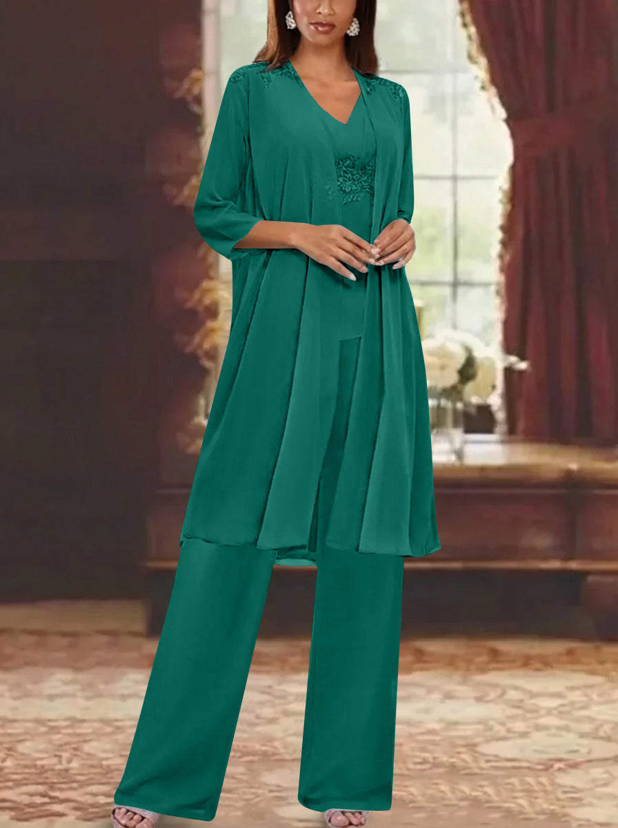 Chiffon V Neck 3 4 Sleeves Appliques Mother Of The Bride Pantsuits With Jacket Ankle Length