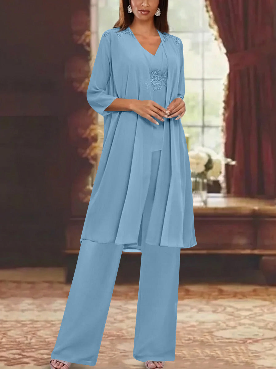 Chiffon V Neck 3 4 Sleeves Appliques Mother Of The Bride Pantsuits With Jacket Ankle Length