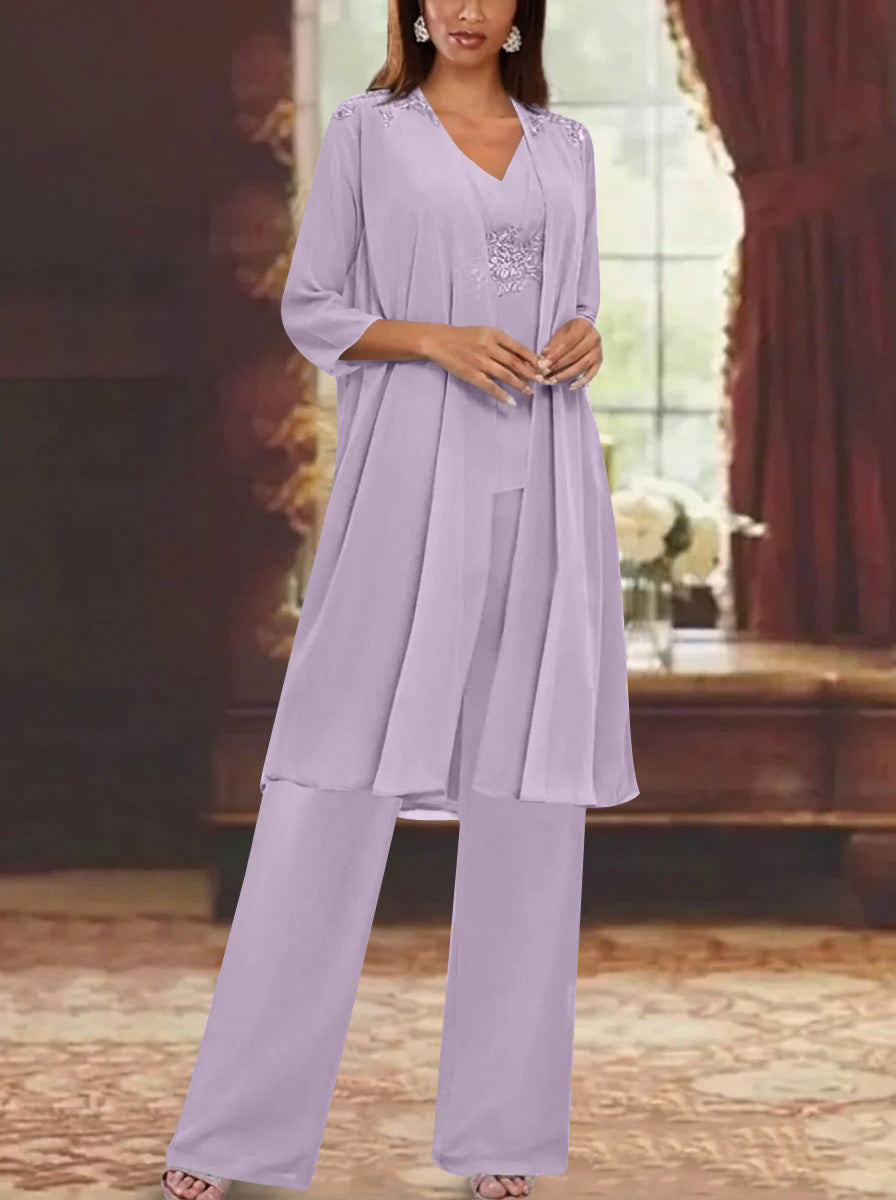 Chiffon V Neck 3 4 Sleeves Appliques Mother Of The Bride Pantsuits With Jacket Ankle Length