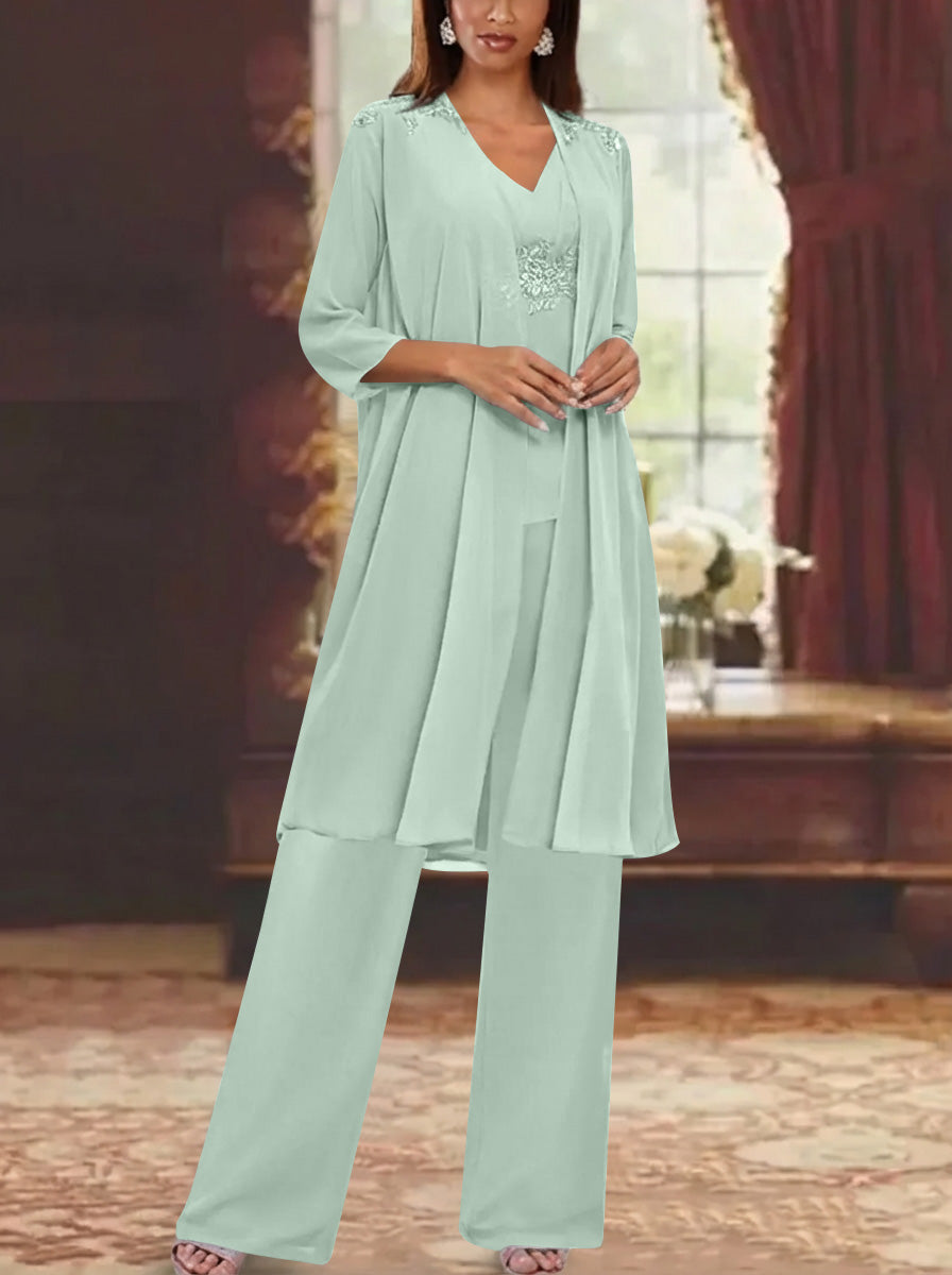 Chiffon V Neck 3 4 Sleeves Appliques Mother Of The Bride Pantsuits With Jacket Ankle Length