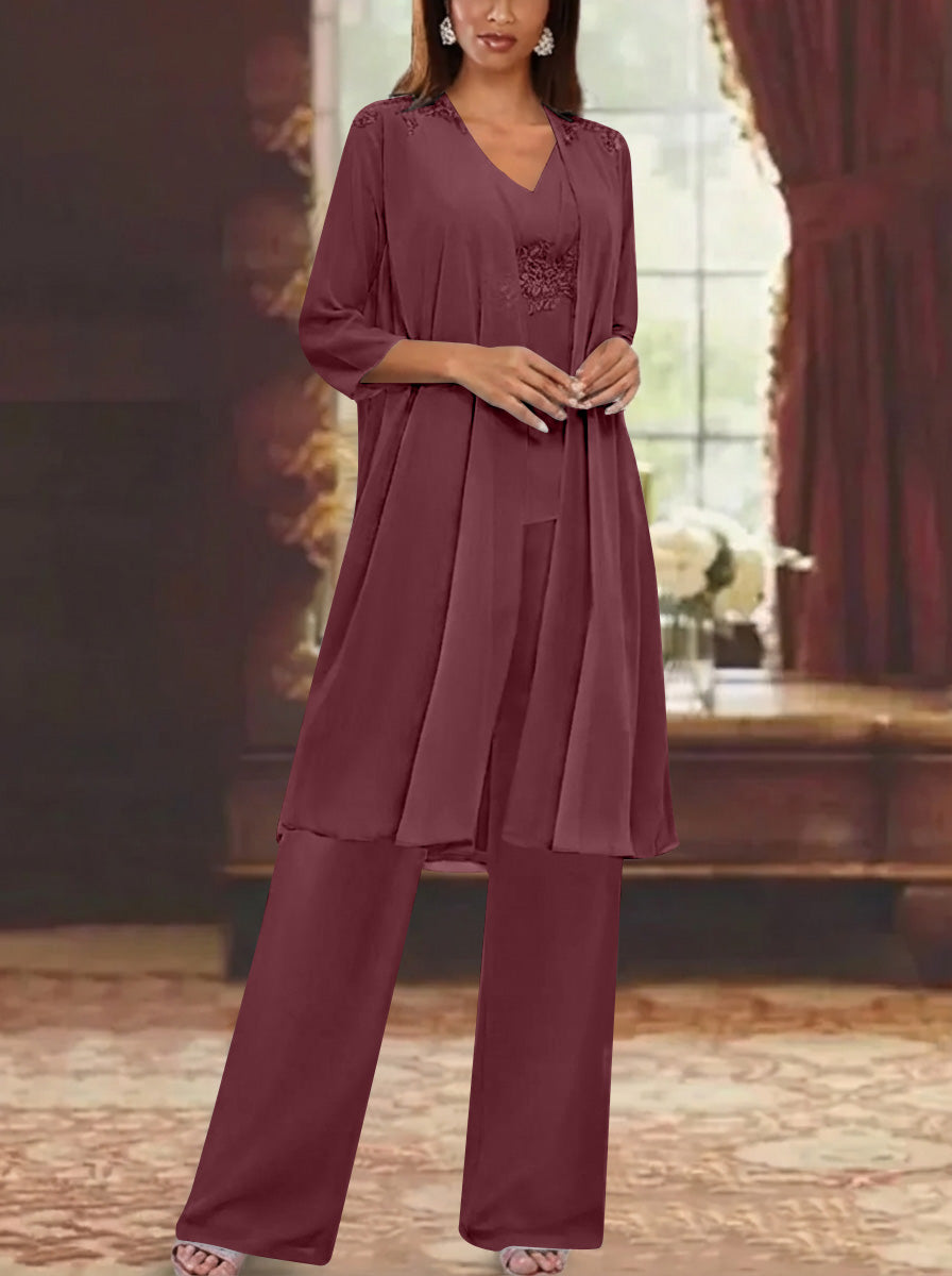 Chiffon V Neck 3 4 Sleeves Appliques Mother Of The Bride Pantsuits With Jacket Ankle Length