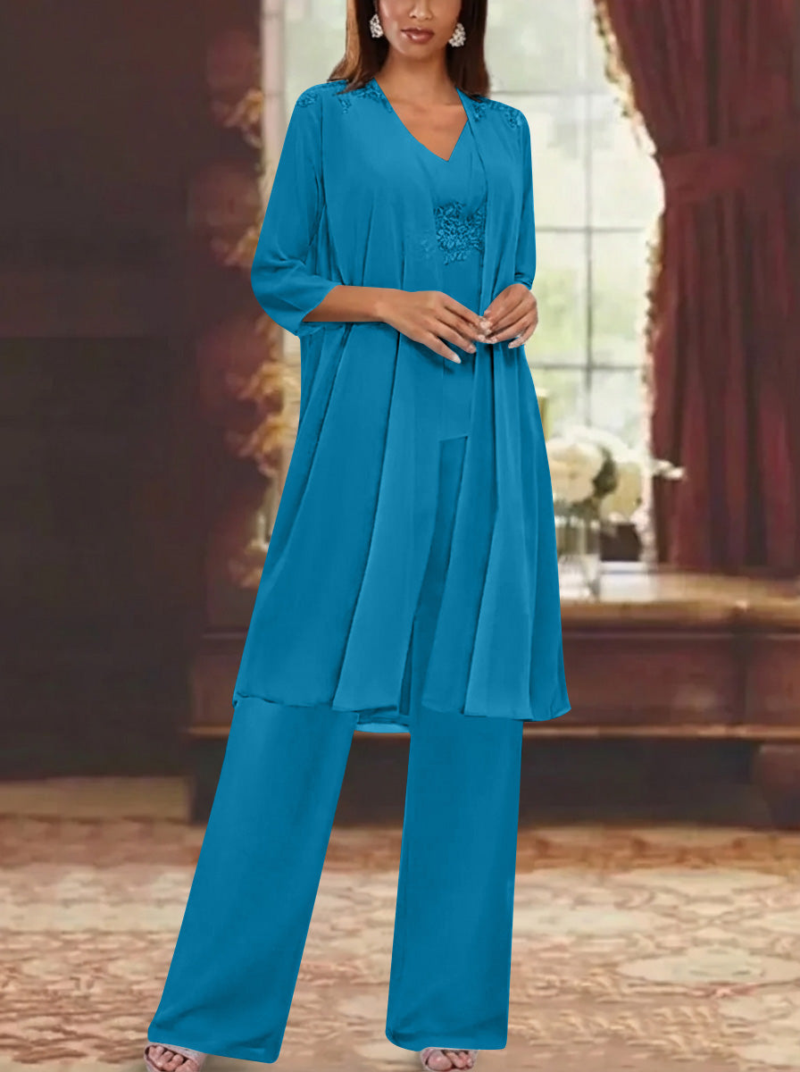 Chiffon V Neck 3 4 Sleeves Appliques Mother Of The Bride Pantsuits With Jacket Ankle Length