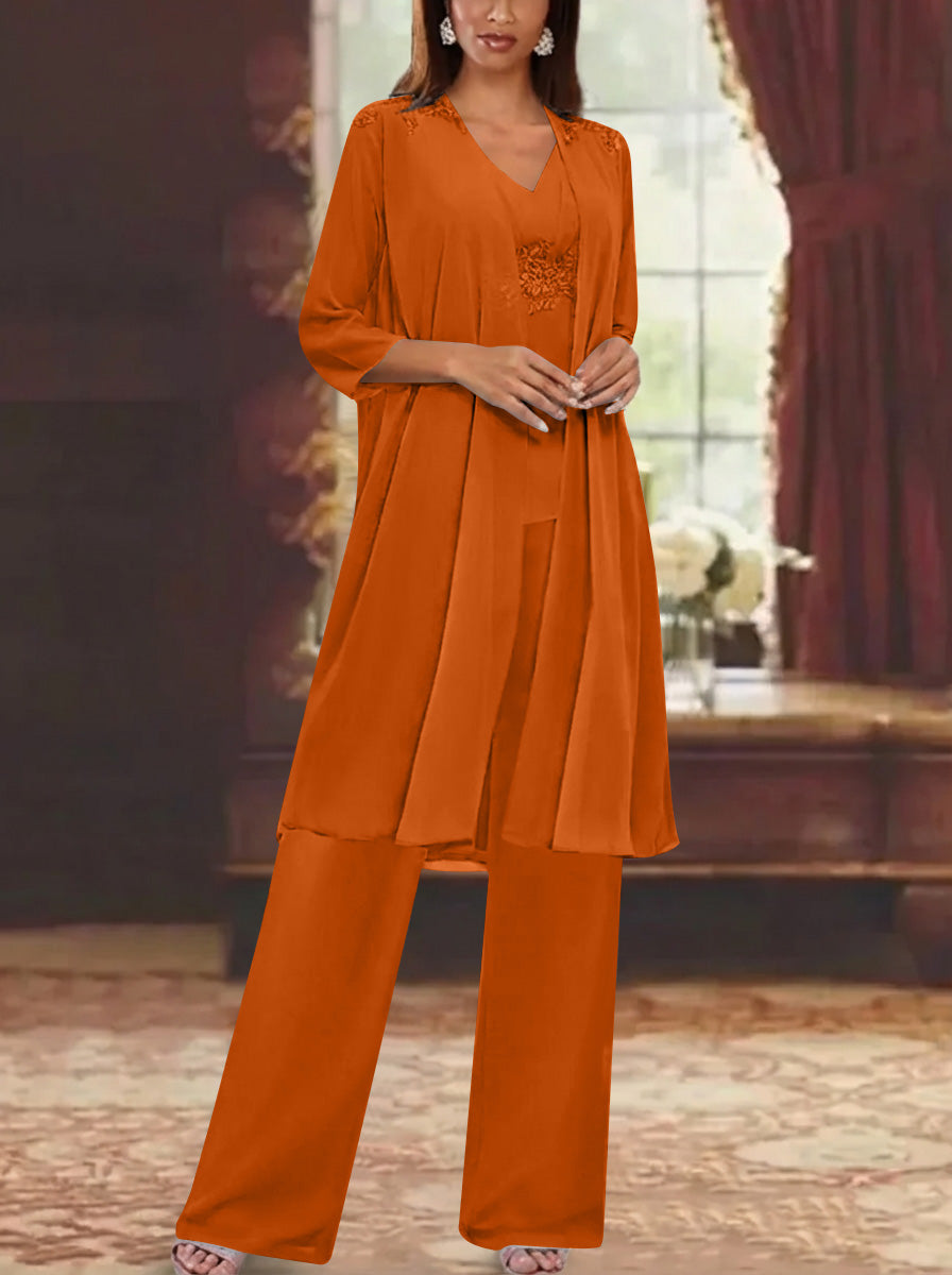 Chiffon V Neck 3 4 Sleeves Appliques Mother Of The Bride Pantsuits With Jacket Ankle Length