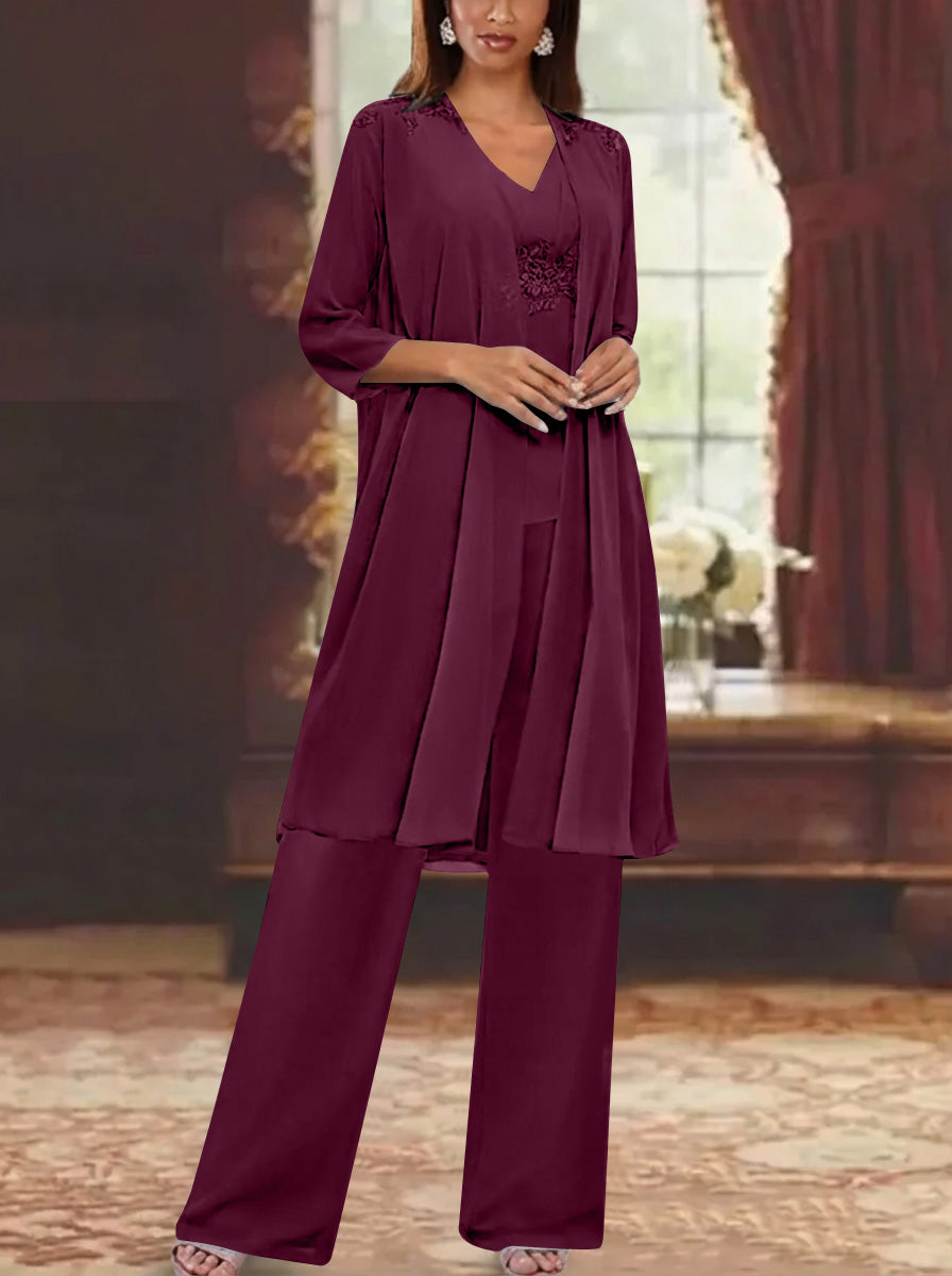 Chiffon V Neck 3 4 Sleeves Appliques Mother Of The Bride Pantsuits With Jacket Ankle Length