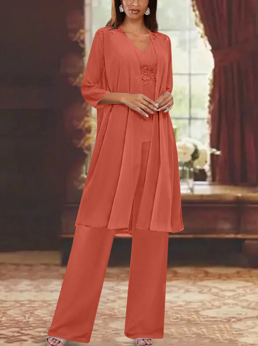 Chiffon V Neck 3 4 Sleeves Appliques Mother Of The Bride Pantsuits With Jacket Ankle Length