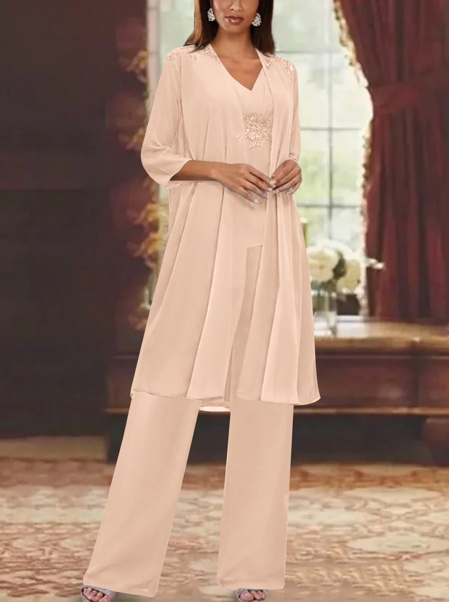 Chiffon V Neck 3 4 Sleeves Appliques Mother Of The Bride Pantsuits With Jacket Ankle Length