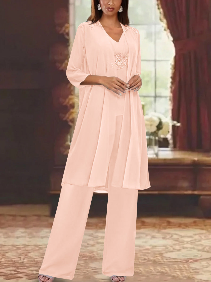 Chiffon V Neck 3 4 Sleeves Appliques Mother Of The Bride Pantsuits With Jacket Ankle Length
