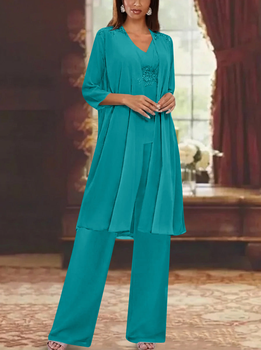 Chiffon V Neck 3 4 Sleeves Appliques Mother Of The Bride Pantsuits With Jacket Ankle Length