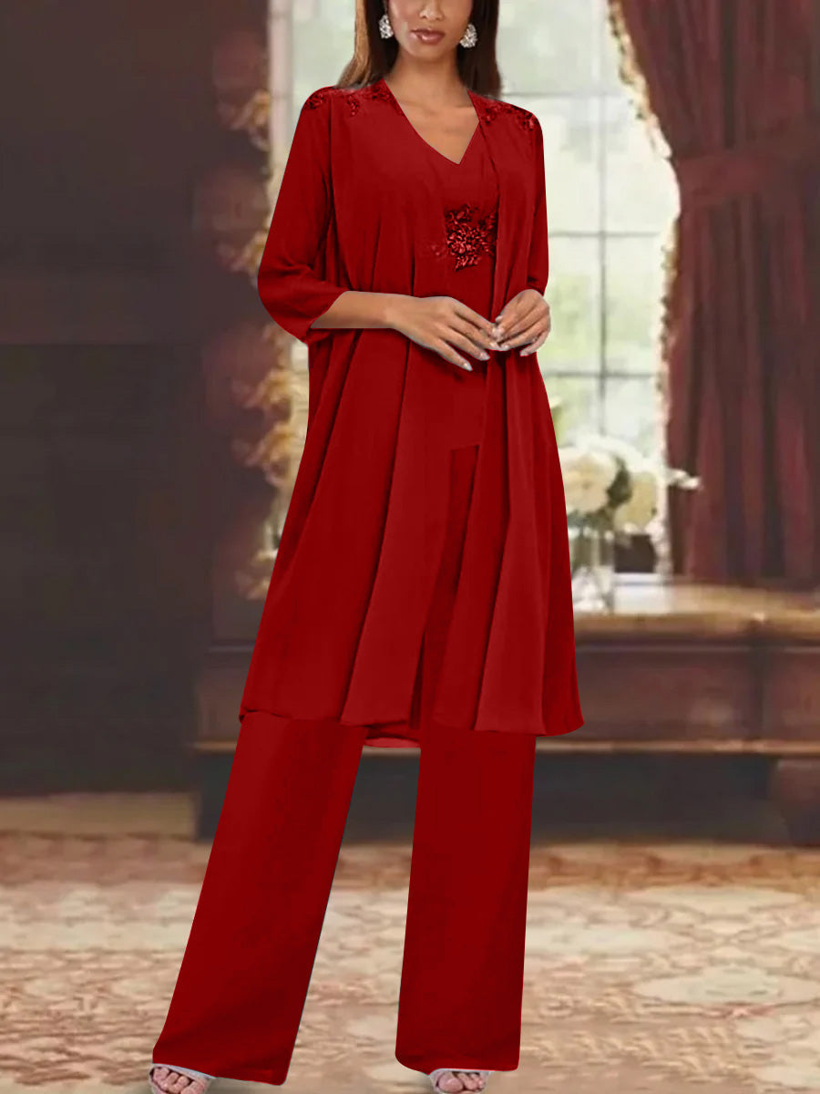 Chiffon V Neck 3 4 Sleeves Appliques Mother Of The Bride Pantsuits With Jacket Ankle Length