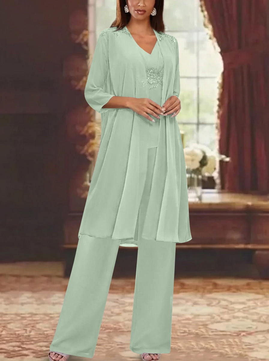 Chiffon V Neck 3 4 Sleeves Appliques Mother Of The Bride Pantsuits With Jacket Ankle Length