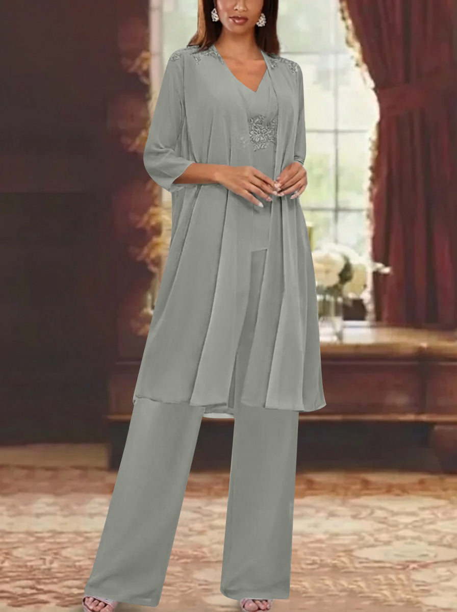 Chiffon V Neck 3 4 Sleeves Appliques Mother Of The Bride Pantsuits With Jacket Ankle Length