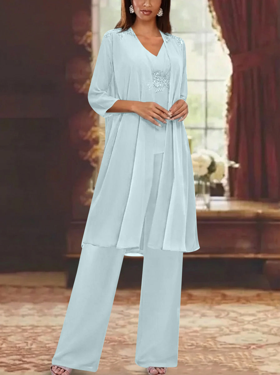 Chiffon V Neck 3 4 Sleeves Appliques Mother Of The Bride Pantsuits With Jacket Ankle Length