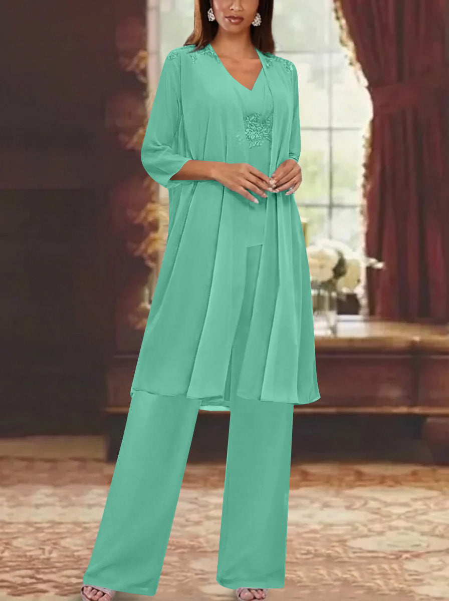 Chiffon V Neck 3 4 Sleeves Appliques Mother Of The Bride Pantsuits With Jacket Ankle Length