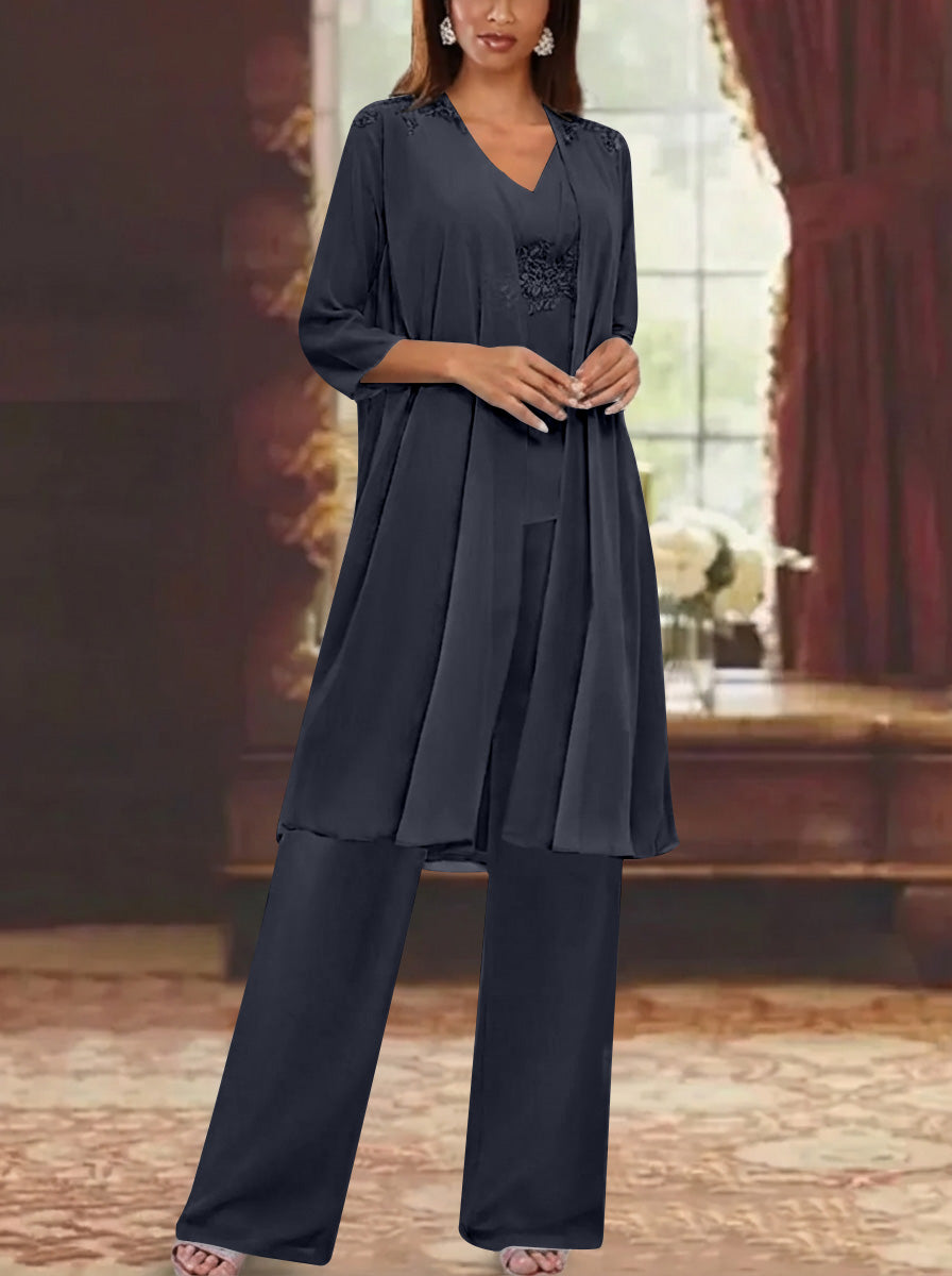 Chiffon V Neck 3 4 Sleeves Appliques Mother Of The Bride Pantsuits With Jacket Ankle Length