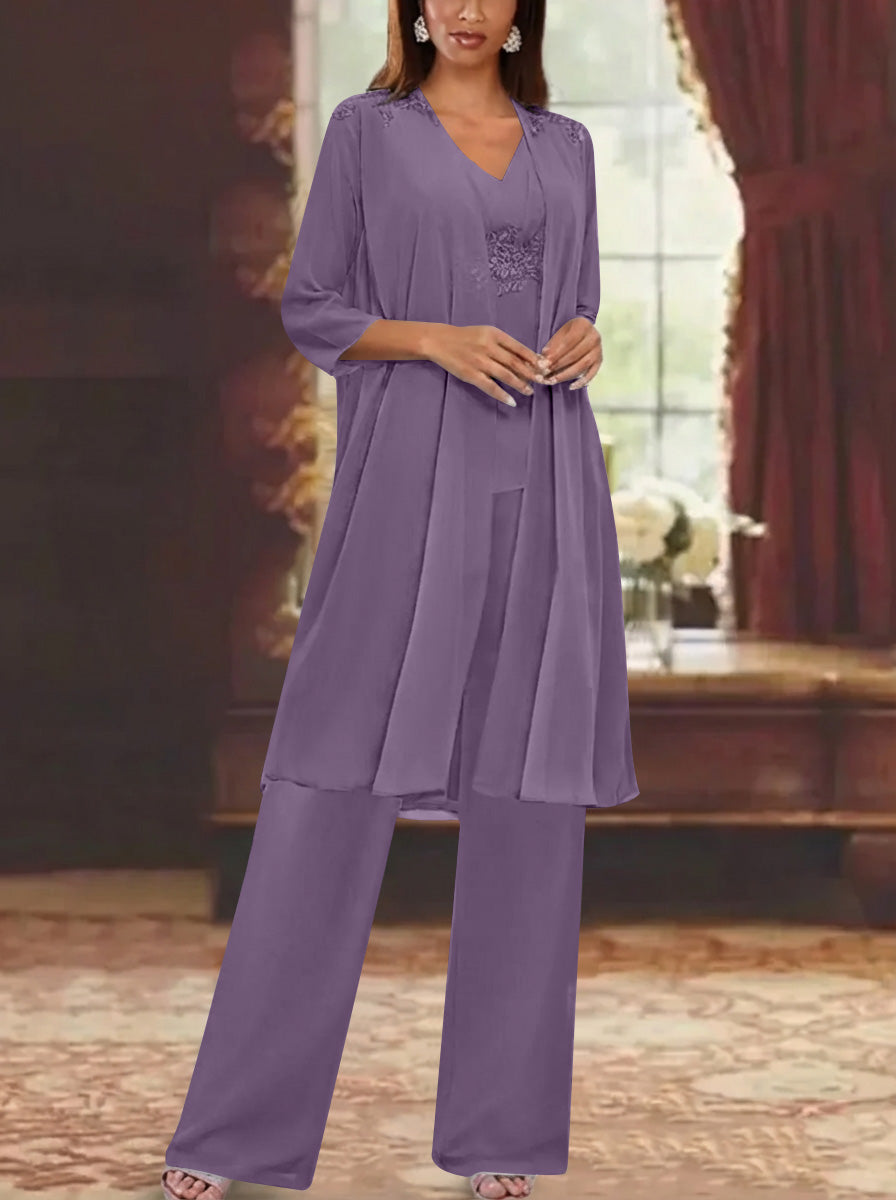 Chiffon V Neck 3 4 Sleeves Appliques Mother Of The Bride Pantsuits With Jacket Ankle Length