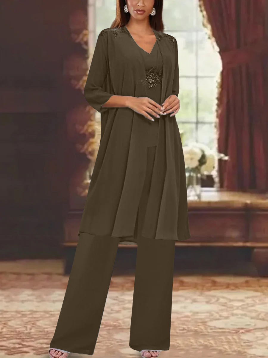 Chiffon V Neck 3 4 Sleeves Appliques Mother Of The Bride Pantsuits With Jacket Ankle Length