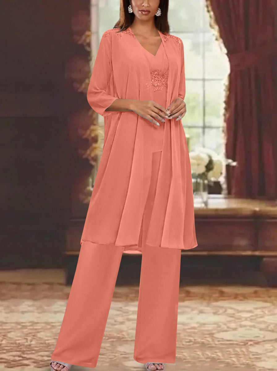 Chiffon V Neck 3 4 Sleeves Appliques Mother Of The Bride Pantsuits With Jacket Ankle Length